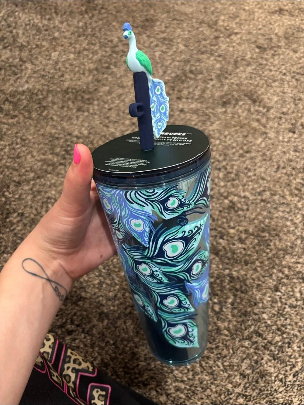 Starbucks Silicone Straw Topper — Green & Blue peacock Design brand new